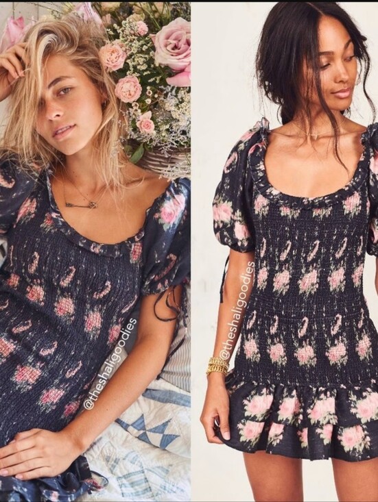 LoveShackFancy Dresses & Skirts - LoveShackFancy Women's Black Floral Smocked 100% Silk Boho Mini Dress Sz L
